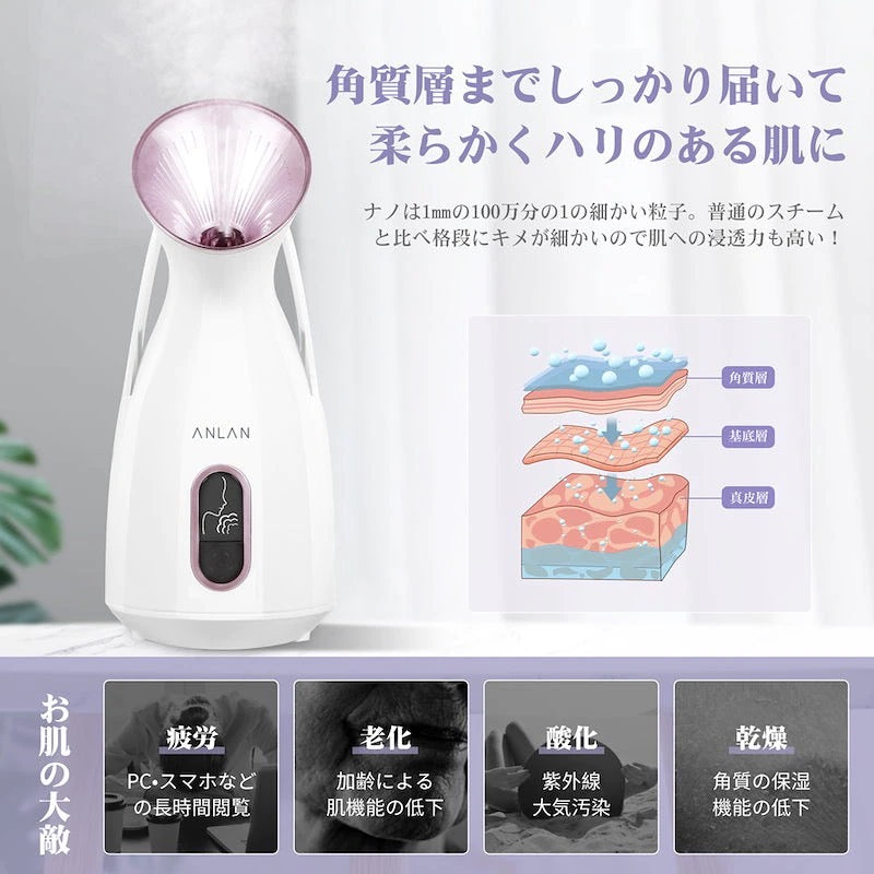 ANLAN ナノスチーマー 美顔器 置き型タイプ 保湿 潤い 毛穴ケア スキンケア 抗酸化 美肌ケア 保湿ケア 化粧直し USB充電タイプ 全肌質対応 肌乾燥対策 携帯 加湿器